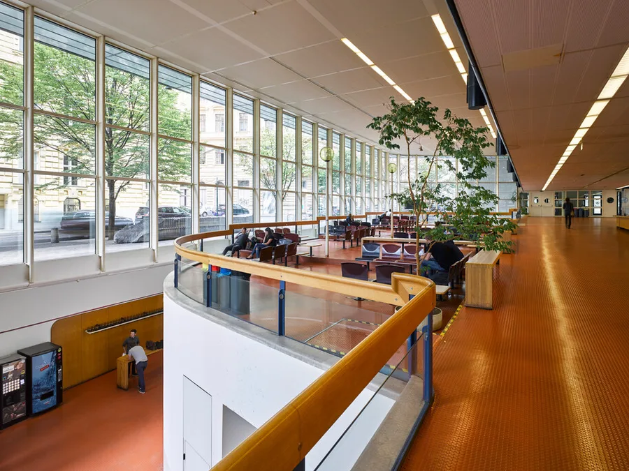 The Juridicum's main hall: an orange floor running the length of the building, a glazed wall onto the street, and seating around a tree where students sit and work.