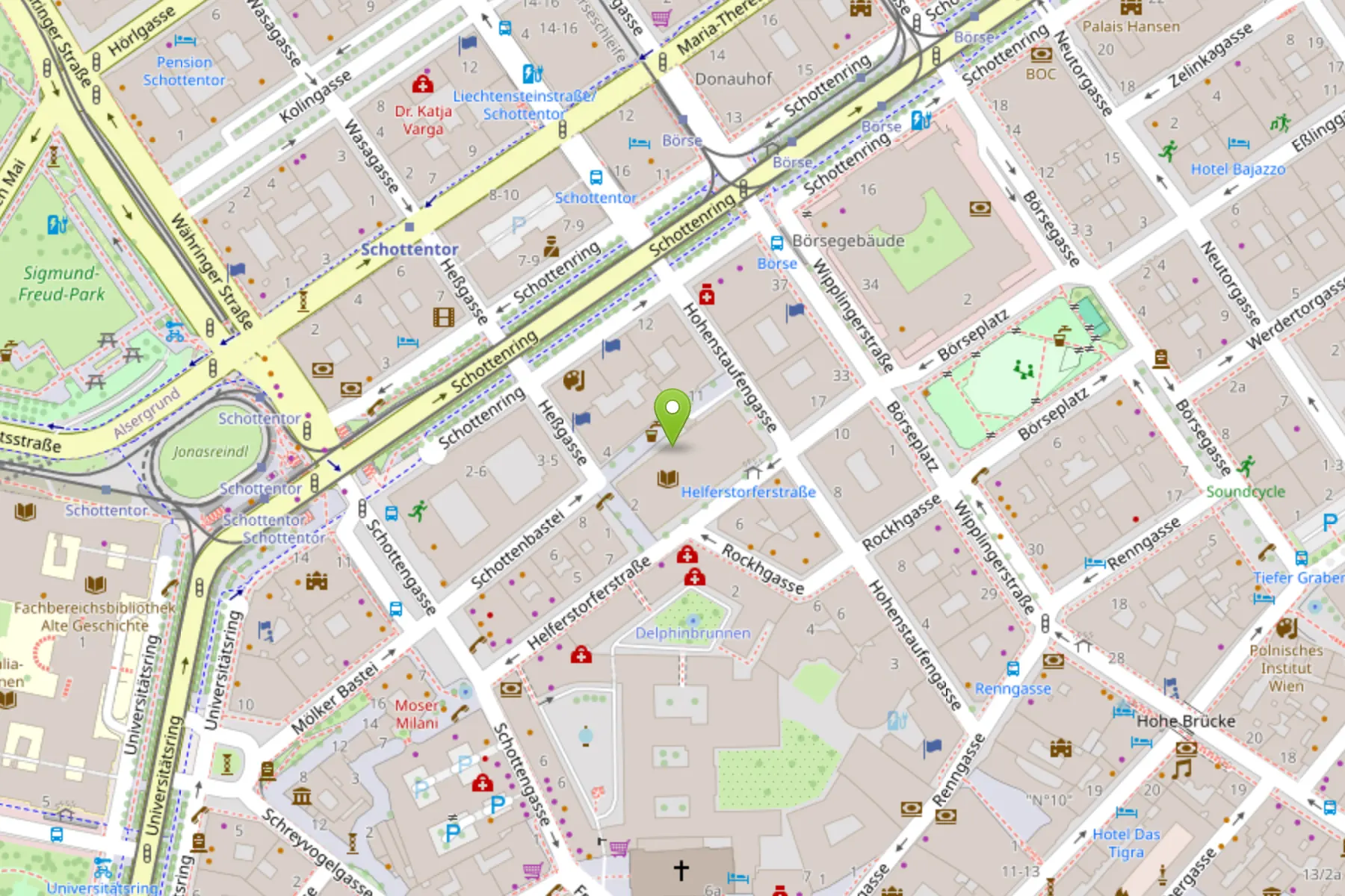 Street map of Vienna's first district. The Juridicum is marked on Schottenbastei, between Helferstorferstraße and the Schottenring, a few minutes' walk south-east of the Schottentor interchange.