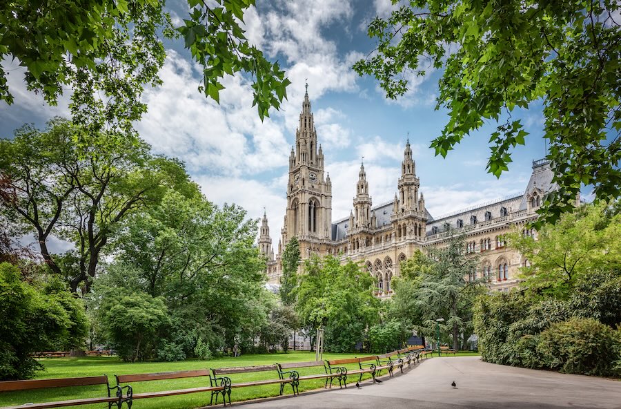 Vienna City Hall, its neo-Gothic tower rising above the trees of the Rathauspark.